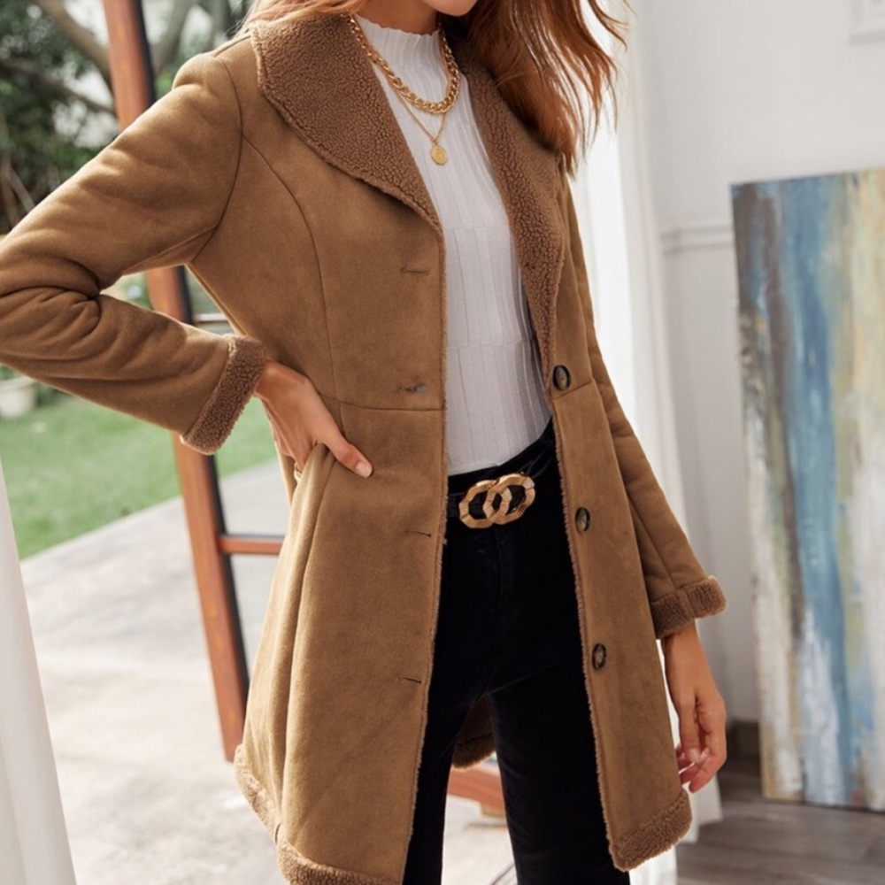 Camel Sherpa lined suede jacket coat - Picture 2 of 5